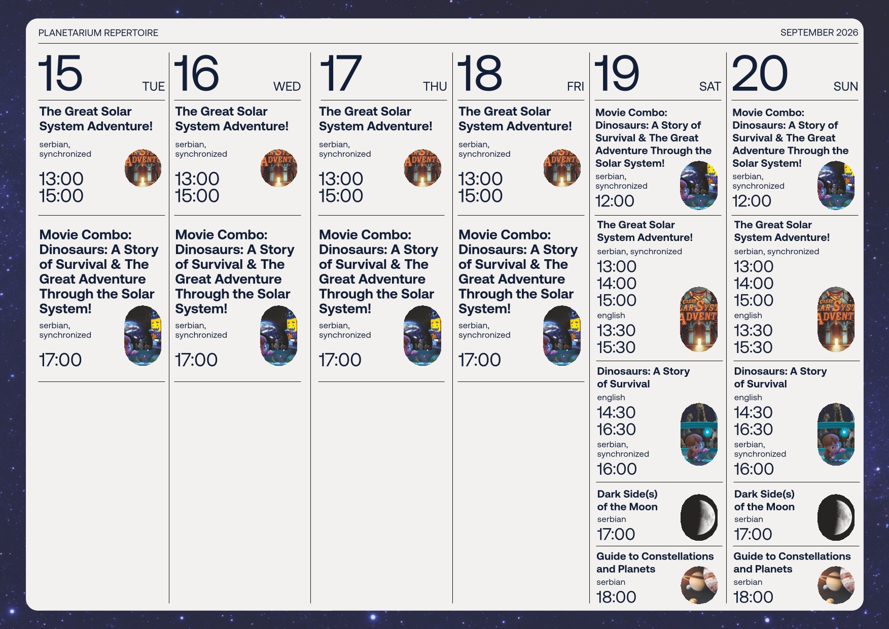 Planetarium repertoire for September 2026, part 4