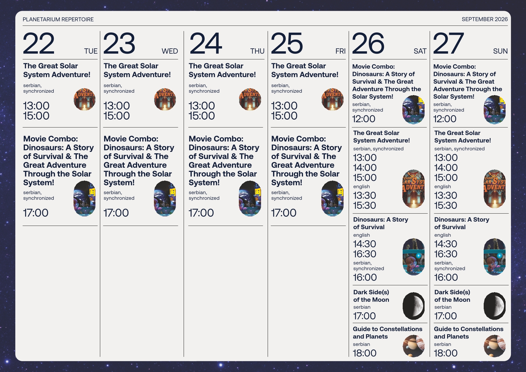 Planetarium repertoire for September 2026, part 5